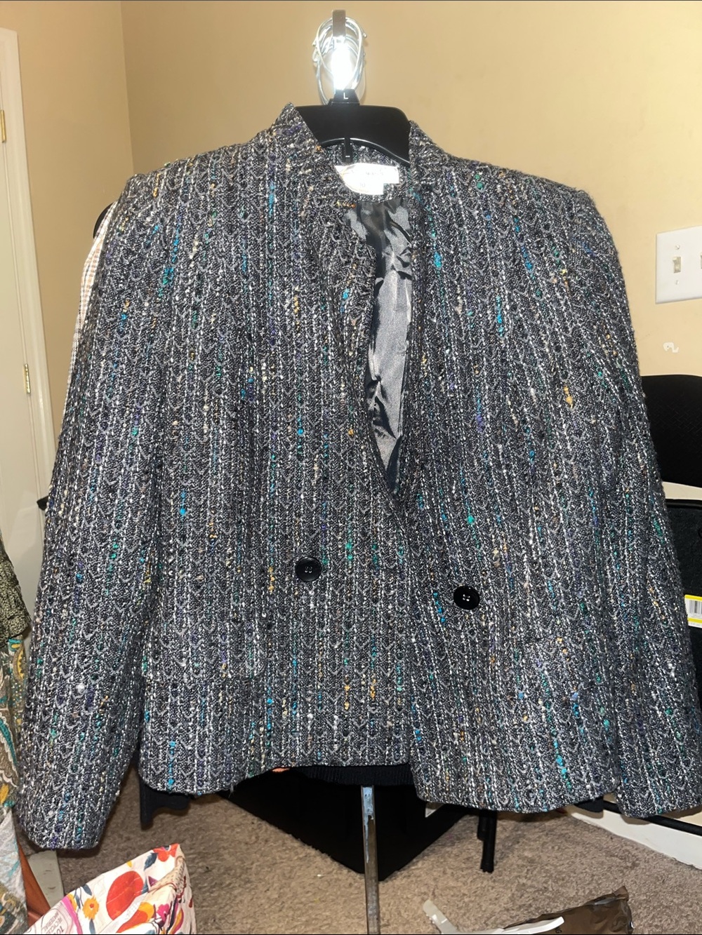 Women's Tweed Boxy Jacket - Black Multicolor